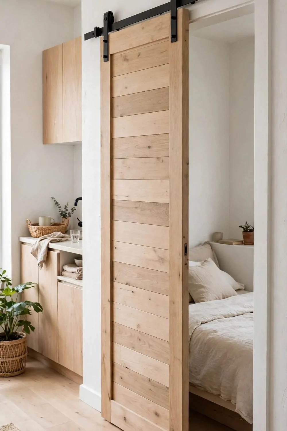 A tiny studio apartment with a light wood sliding barn door revealing a small bedroom nook