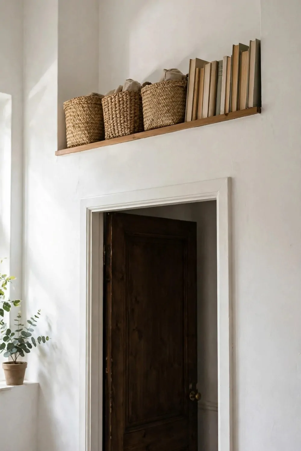 A tiny studio apartment with a shallow shelf above a door holding tidy baskets and books