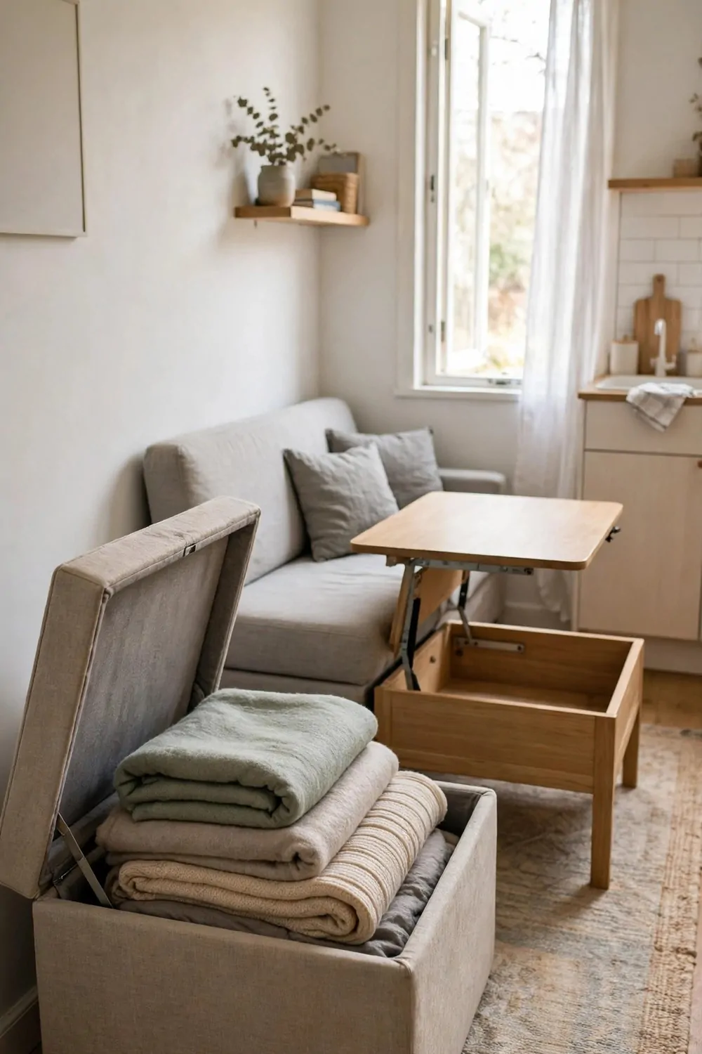 A tiny studio apartment with a storage ottoman with its lid open showing folded blankets inside