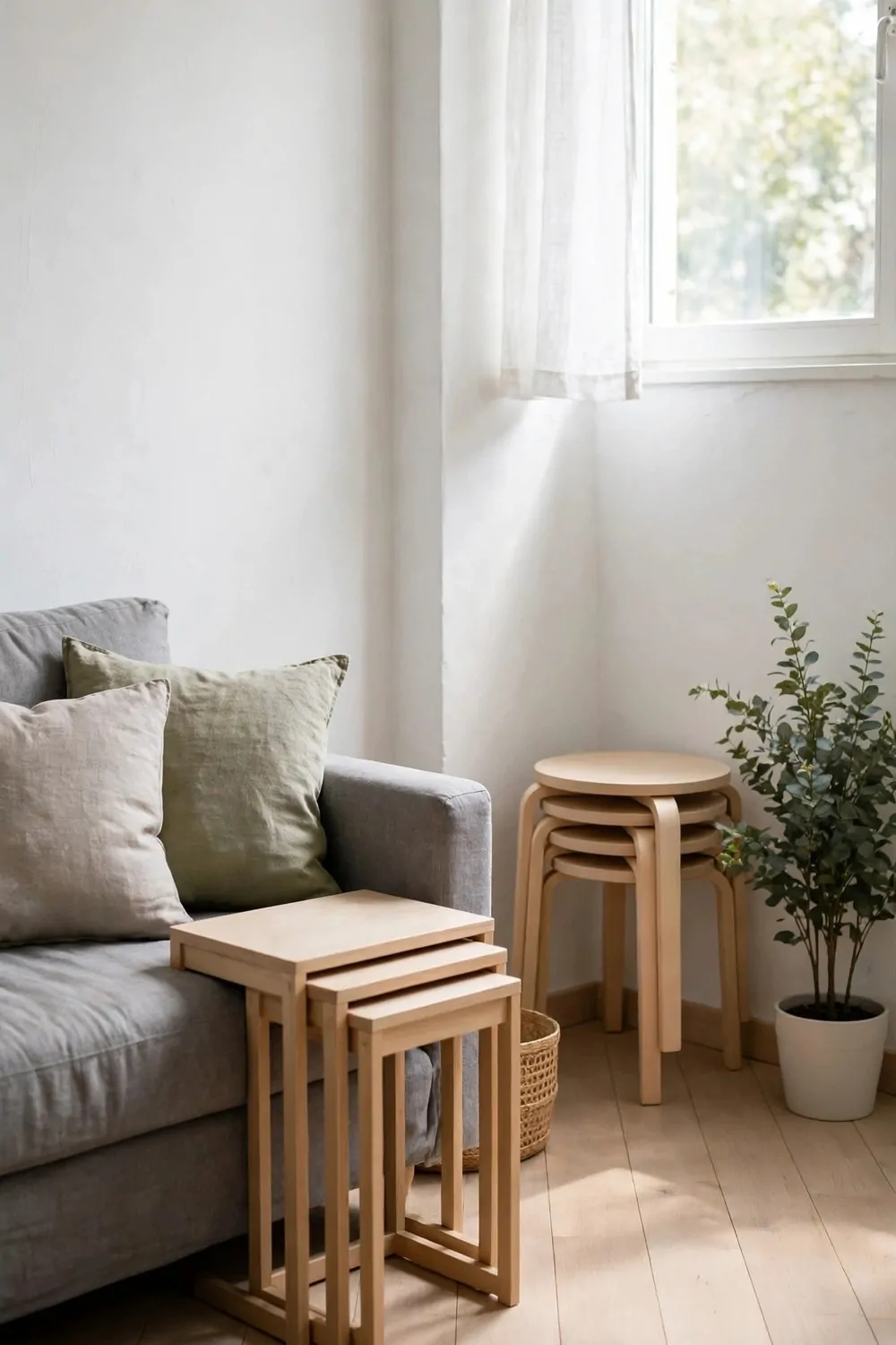 A tiny studio apartment with nesting tables tucked together beside a sofa and stacking stools in a corner