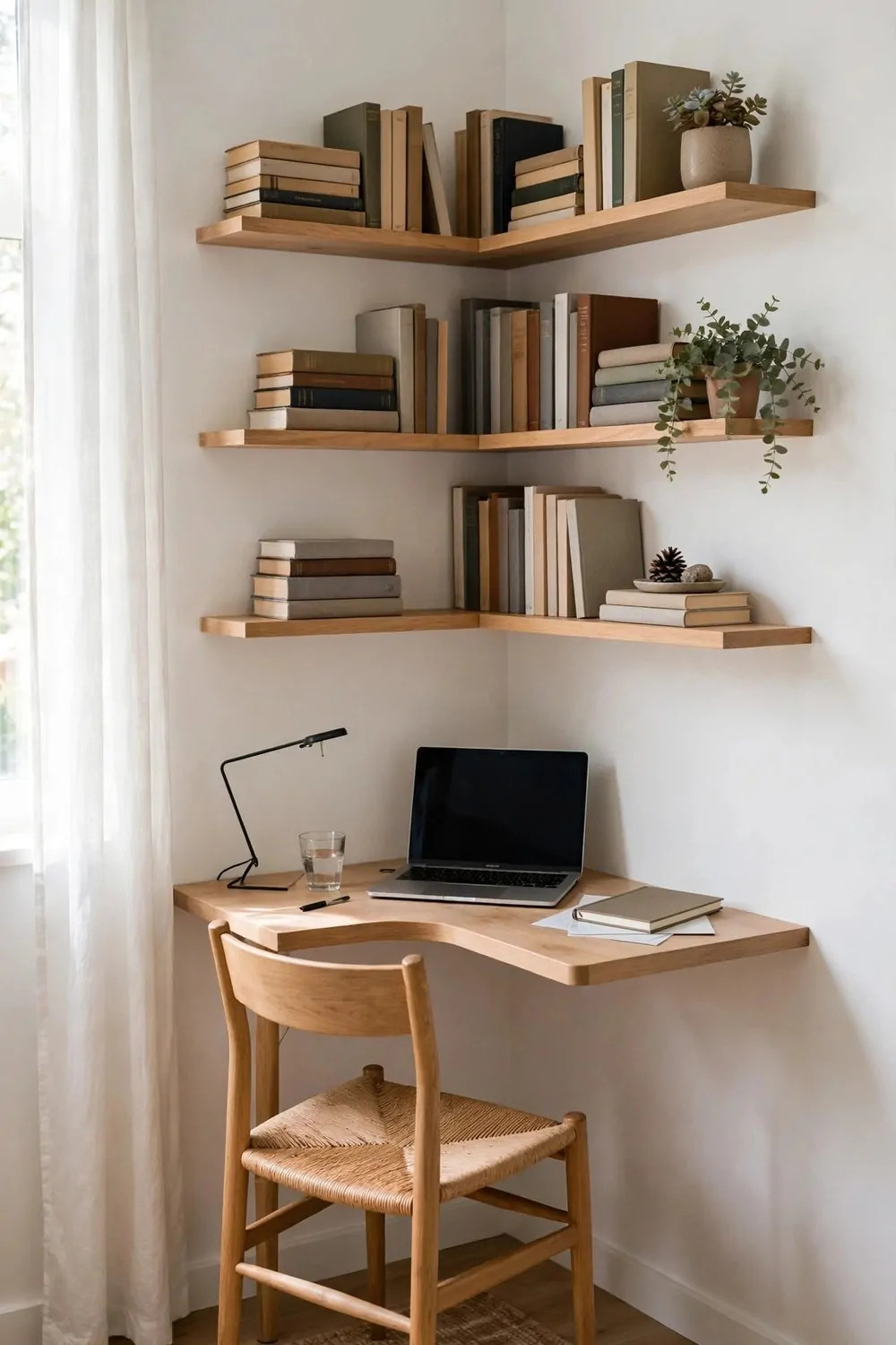 A tiny studio apartment with floating corner shelves and a corner desk with a laptop