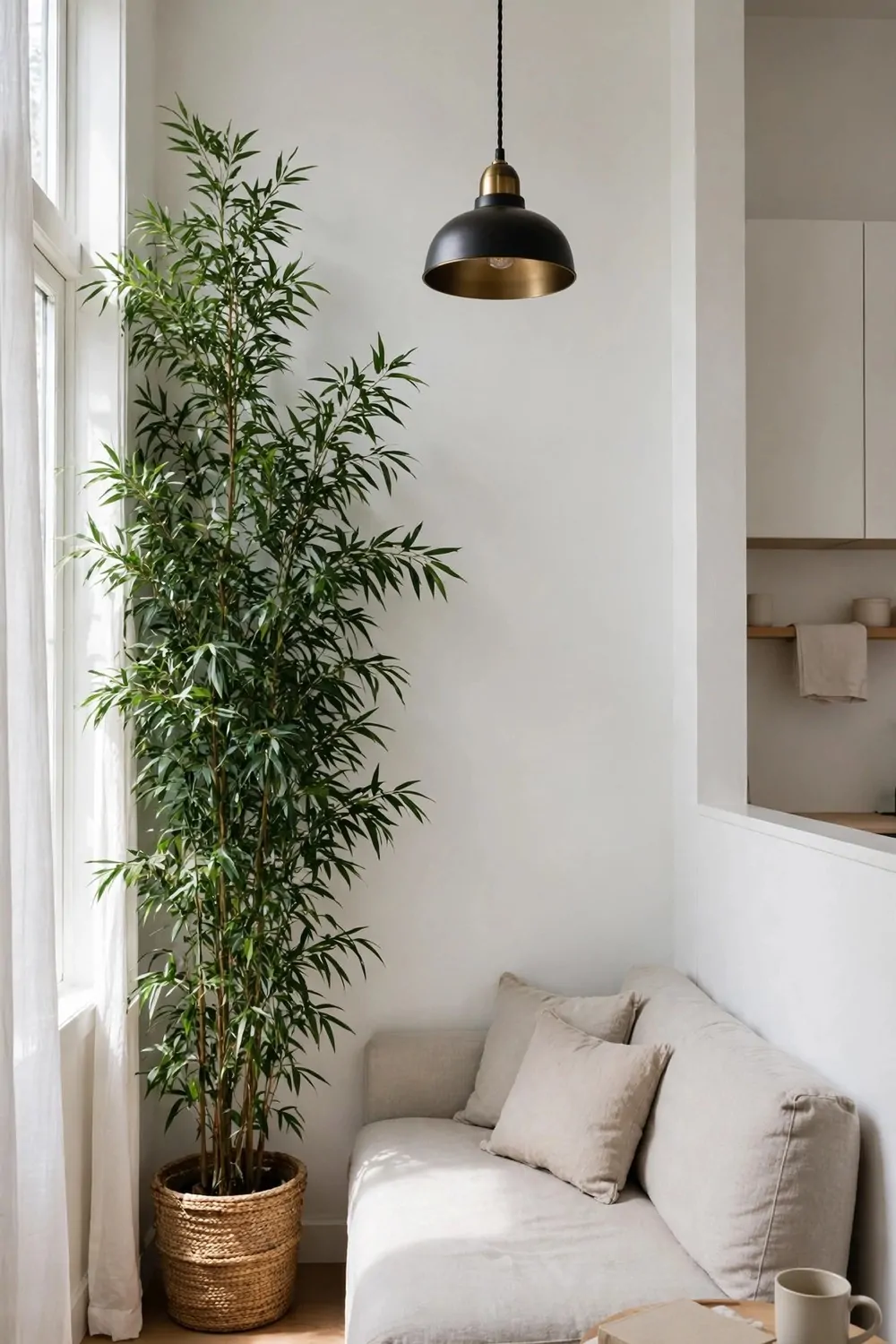 A tiny studio apartment with one tall leafy plant and a pendant light drawing the eye upward