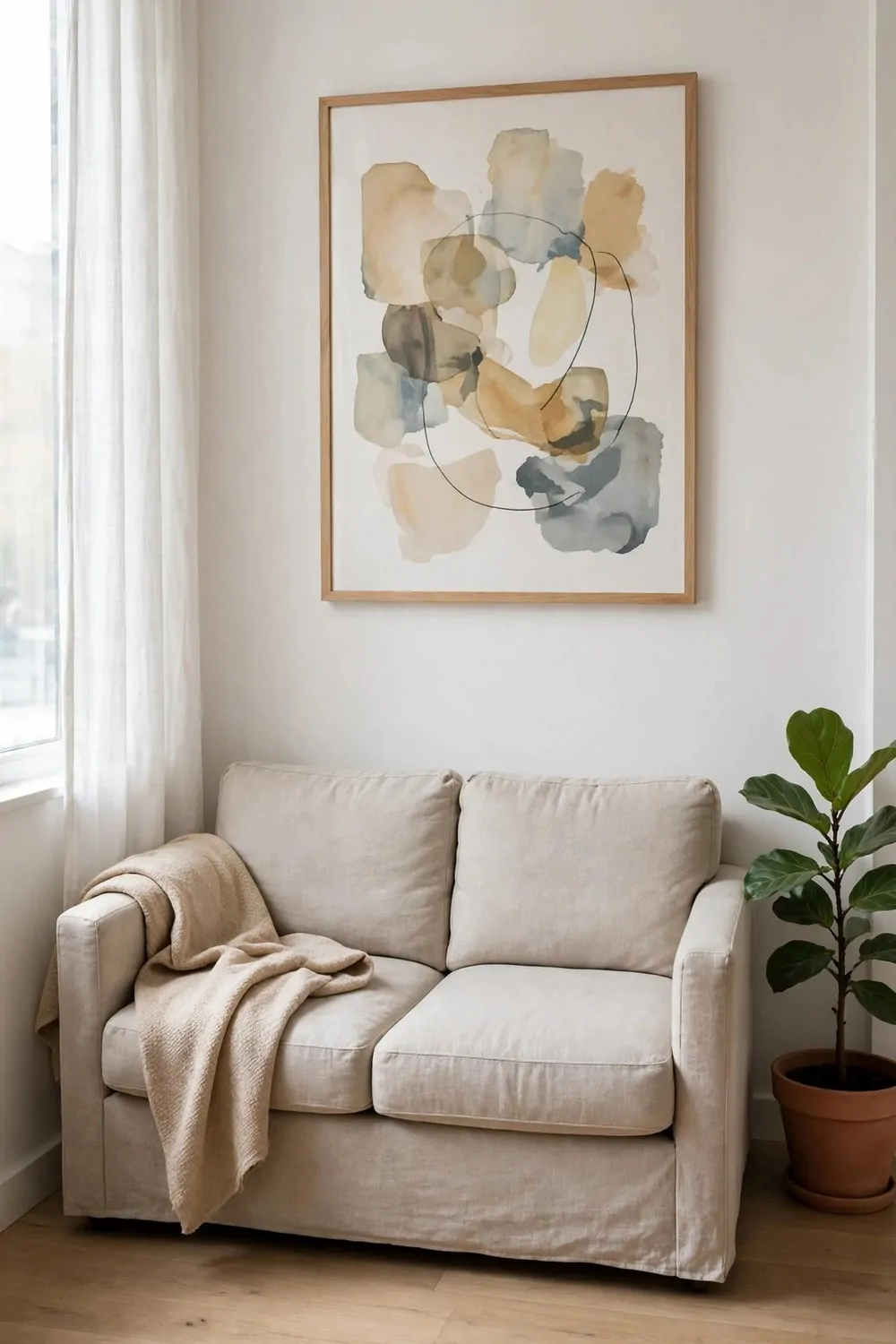 A tiny studio apartment with one single large framed artwork on a plain white wall above a sofa