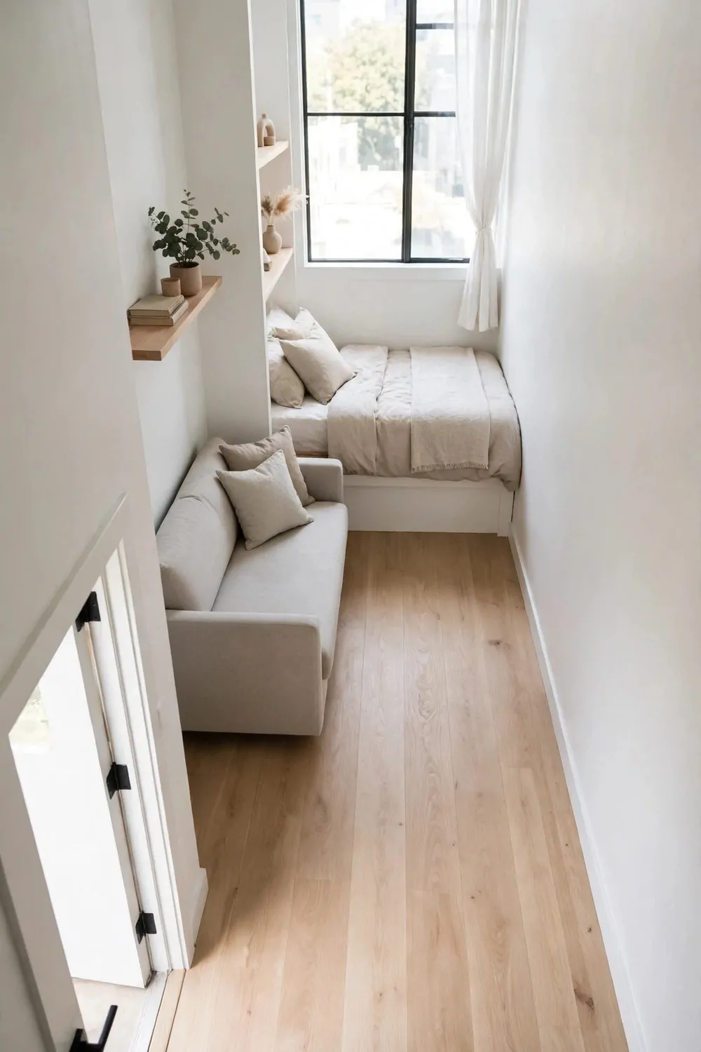A tiny studio apartment with one continuous light wood floor running unbroken from door to window
