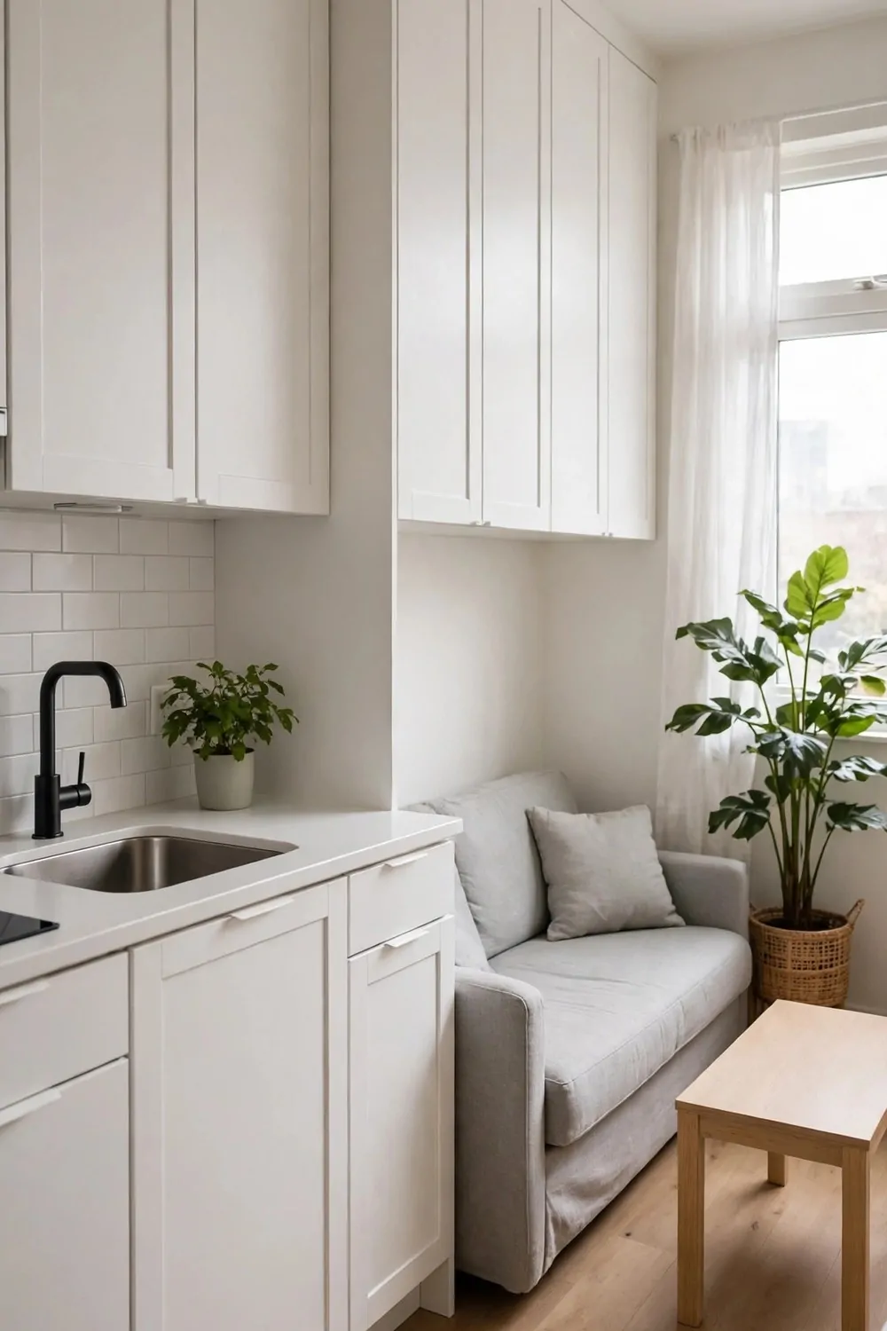 A tiny studio apartment with closed white cabinets hiding all clutter and clear surfaces