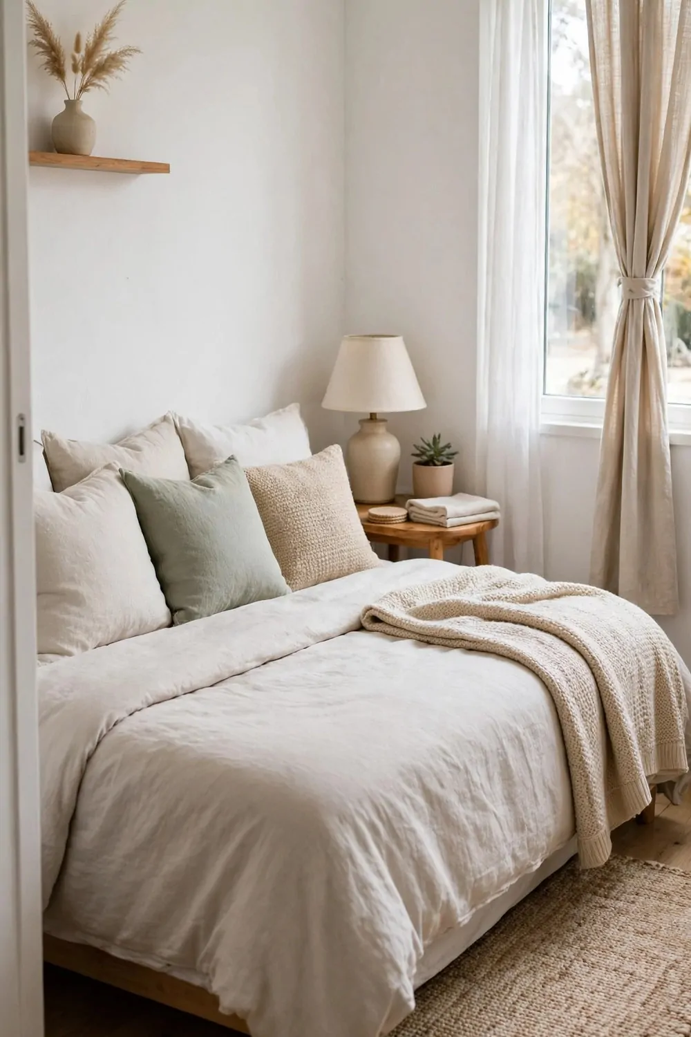 A tiny studio apartment with a bed made neatly with light bedding and cushions so it looks like a sofa