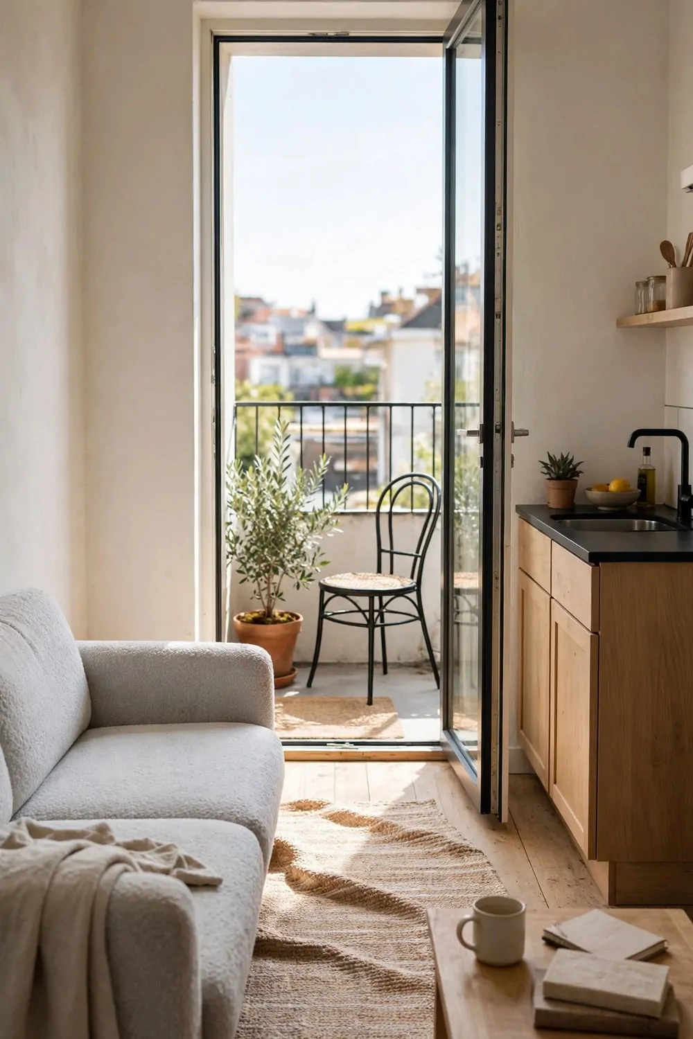 A tiny studio apartment with a small balcony visible through an open glass door with a chair and plant