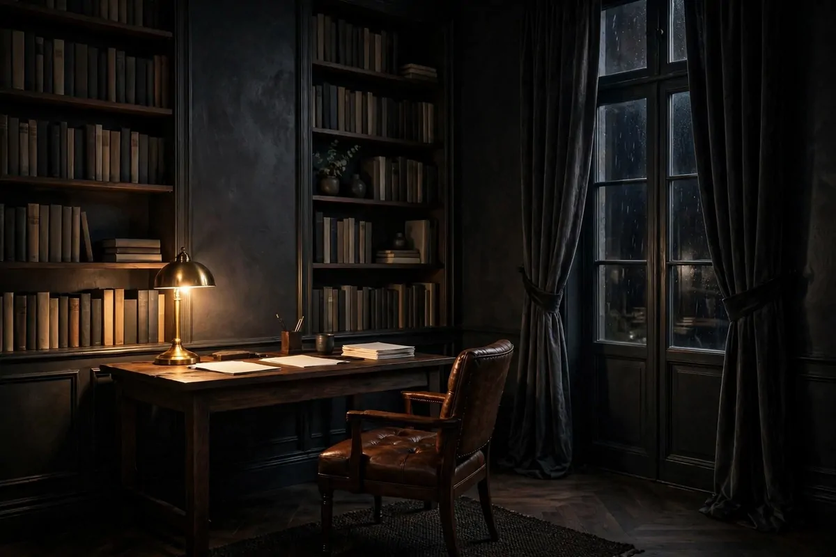 Dark moody home office with deep charcoal walls, a dark wood desk with a glowing brass lamp and blank papers, a brown leather chair, tall windows with heavy dark curtains, and bookshelves filled with plain books.