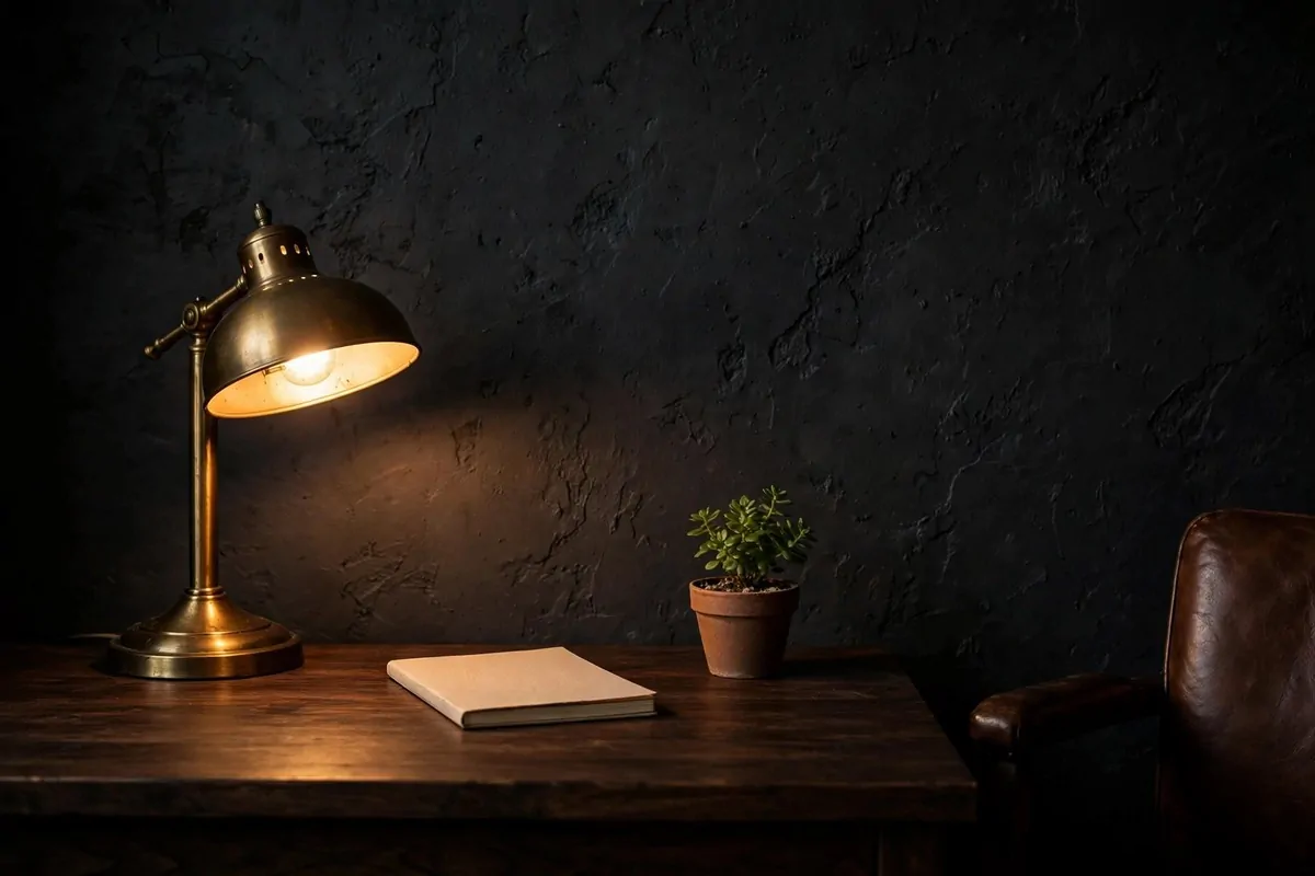 21 Moody Home Office Inspiration Looks for Dark, Rich Vibes 1 Brass desk lamp casting a warm pool of light on a dark wood desk against a deep charcoal textured wall, with a closed blank notebook, a small potted plant, and the edge of a brown leather chair.