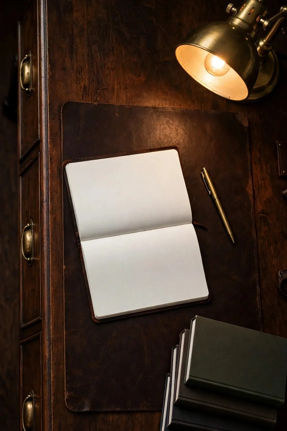 21 Moody Home Office Inspiration Looks for Dark, Rich Vibes 2 Overhead view of an espresso brown wood desk with brass drawer pulls, a dark leather desk pad, an open blank notebook, a brass pen, a glowing brass lamp partly visible at the top edge, and a stack of plain books.