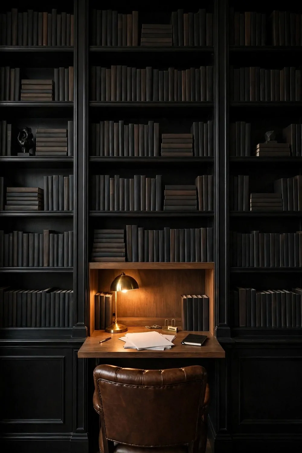 21 Moody Home Office Inspiration Looks for Dark, Rich Vibes 3 Full wall of black built-in bookshelves filled with plain books, with a wooden desk fitted into the middle, a glowing brass lamp, blank papers, and a brown leather chair seen from behind.