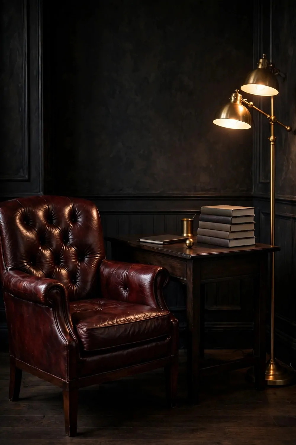 21 Moody Home Office Inspiration Looks for Dark, Rich Vibes 4 Oxblood burgundy tufted leather armchair beside a dark wood desk with a stack of plain books, next to a glowing brass floor lamp with two dome shades, against dark charcoal panelled walls.