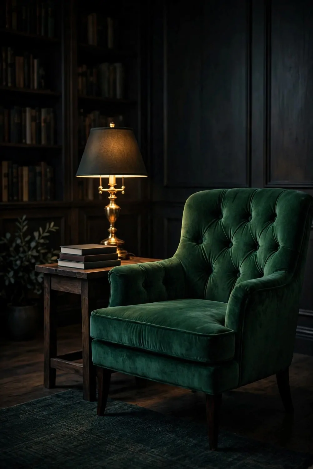 21 Moody Home Office Inspiration Looks for Dark, Rich Vibes 5 Emerald green tufted velvet armchair beside a dark wood side table with plain books and a glowing brass lamp, against dark panelled walls with bookshelves in a moody home office reading corner.