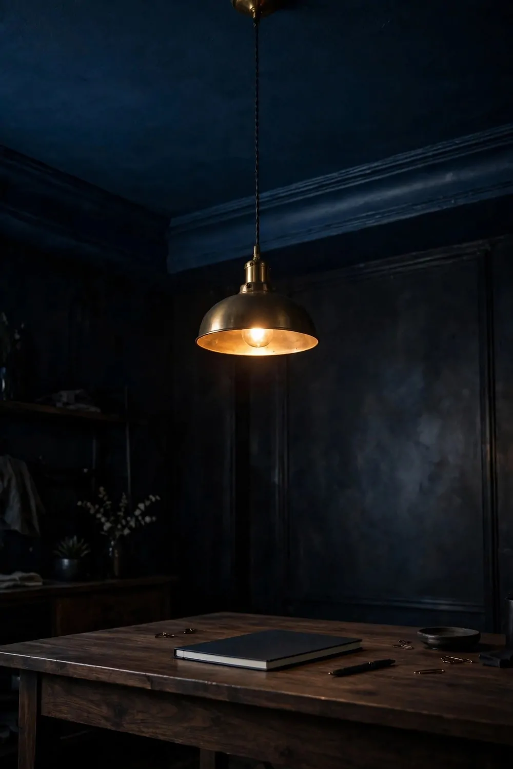 21 Moody Home Office Inspiration Looks for Dark, Rich Vibes 6 Midnight blue painted ceiling with a glowing brass pendant light above a dark wood desk holding a closed blank notebook, pen, and small bowl in a dark moody home office.