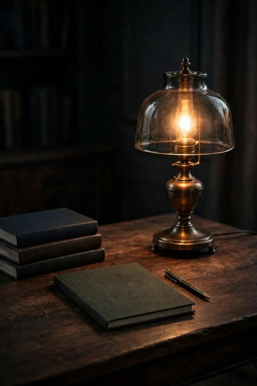 21 Moody Home Office Inspiration Looks for Dark, Rich Vibes 7 Smoky glass and bronze table lamp glowing warm on a dark wood desk beside a closed blank notebook, a pen, and a stack of plain books in a dark moody home office.