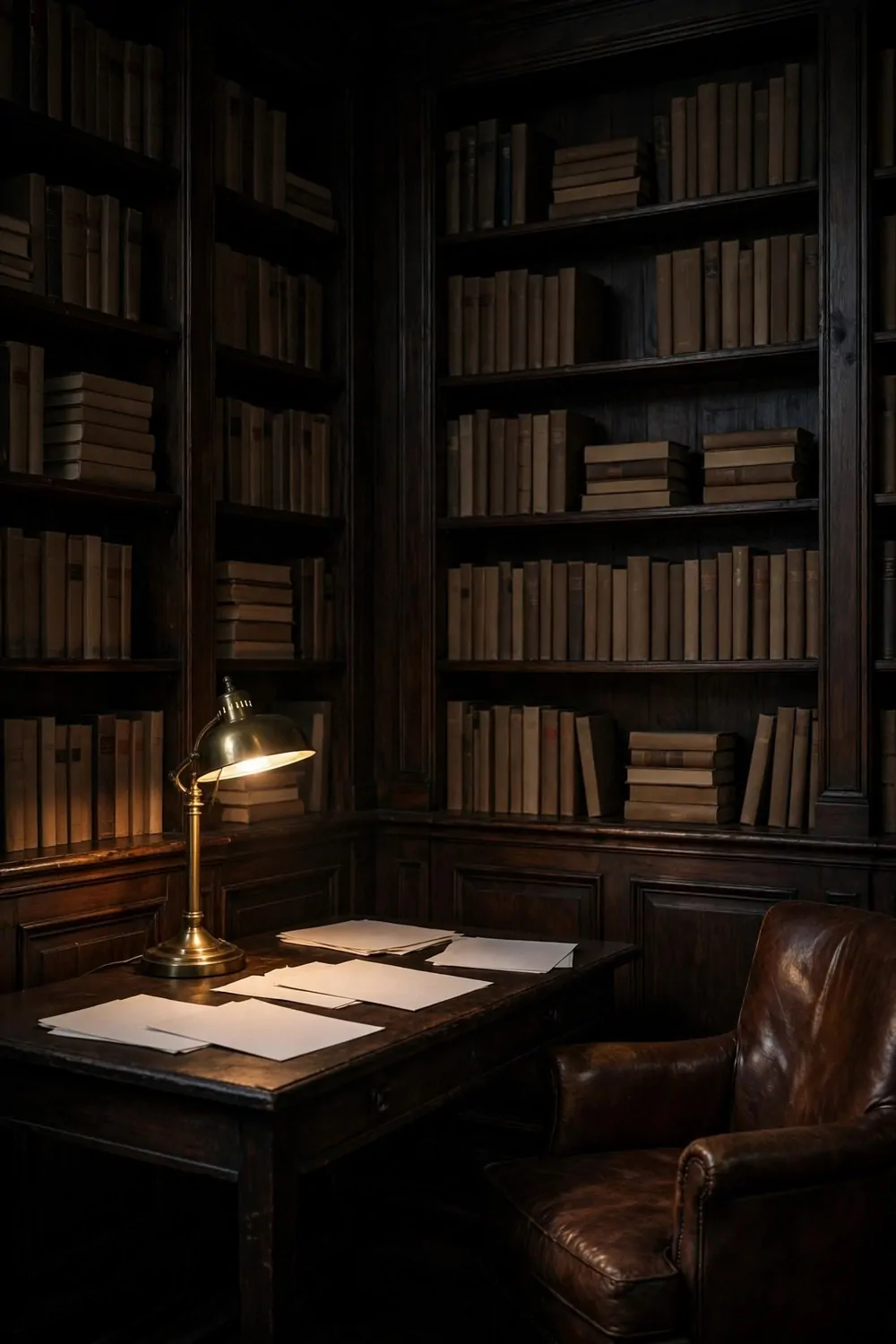 21 Moody Home Office Inspiration Looks for Dark, Rich Vibes 8 Dark wood panelled study with bookshelves of plain books, a dark wood desk with a glowing brass lamp and blank papers, and a brown leather chair.