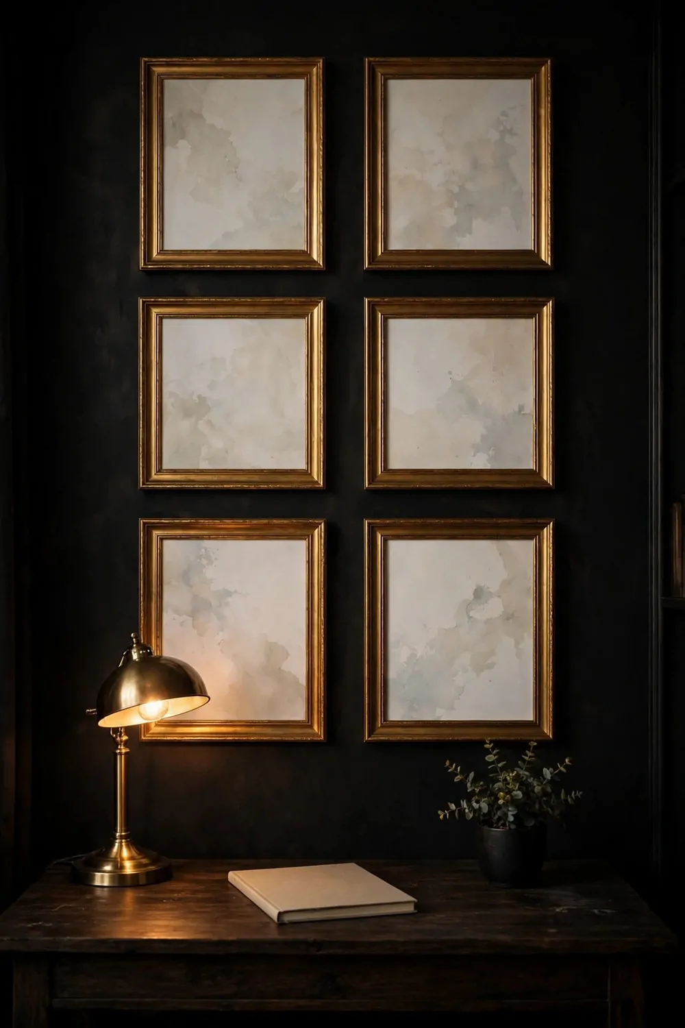 21 Moody Home Office Inspiration Looks for Dark, Rich Vibes 9 Six gold-framed pictures with faint pale grey and beige abstract washes arranged in two columns of three on a black wall above a dark wood desk, with a lit brass dome lamp on the left, a closed blank cream notebook in the centre, and a small potted green plant in a black pot on the right.