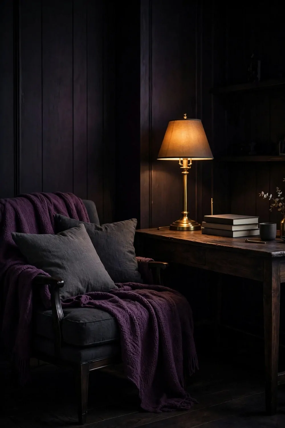 21 Moody Home Office Inspiration Looks for Dark, Rich Vibes 10 A dark armchair with charcoal cushions and a plum purple throw draped over its back, seat and arm beside a dark wood desk with a lit brass table lamp, a stack of three plain books with no visible titles, a small dark cup and a pen, and a partly visible gold vase with dried stems at the right edge, against dark panelled walls.