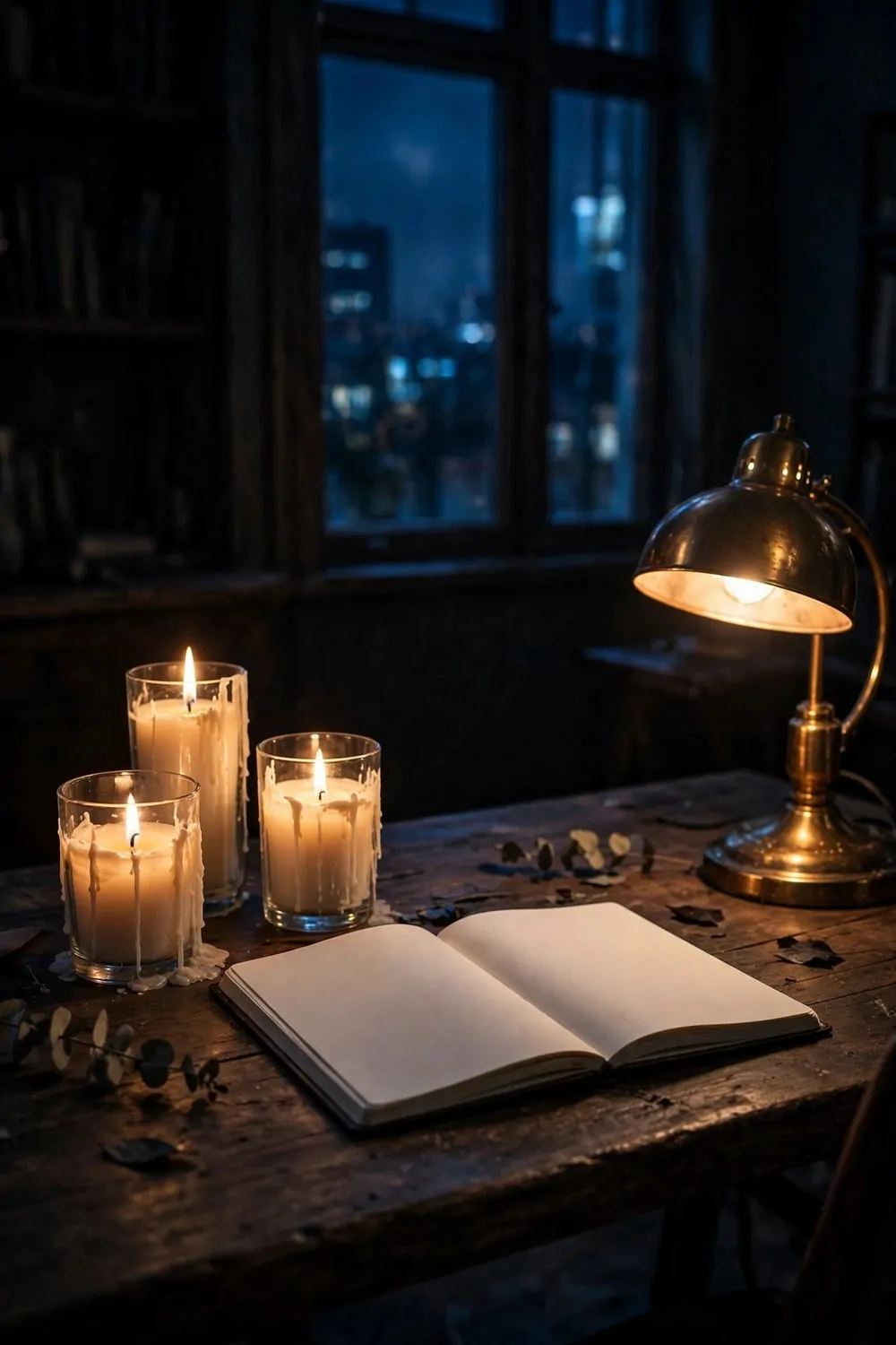 21 Moody Home Office Inspiration Looks for Dark, Rich Vibes 11 Three lit candles with melted wax in glass holders and an open blank notebook on a dark wood desk beside a glowing brass dome lamp, with scattered small leaves on the desk and tall windows showing blurred blue night city lights behind, in a dark moody room with bookshelves at the edges.