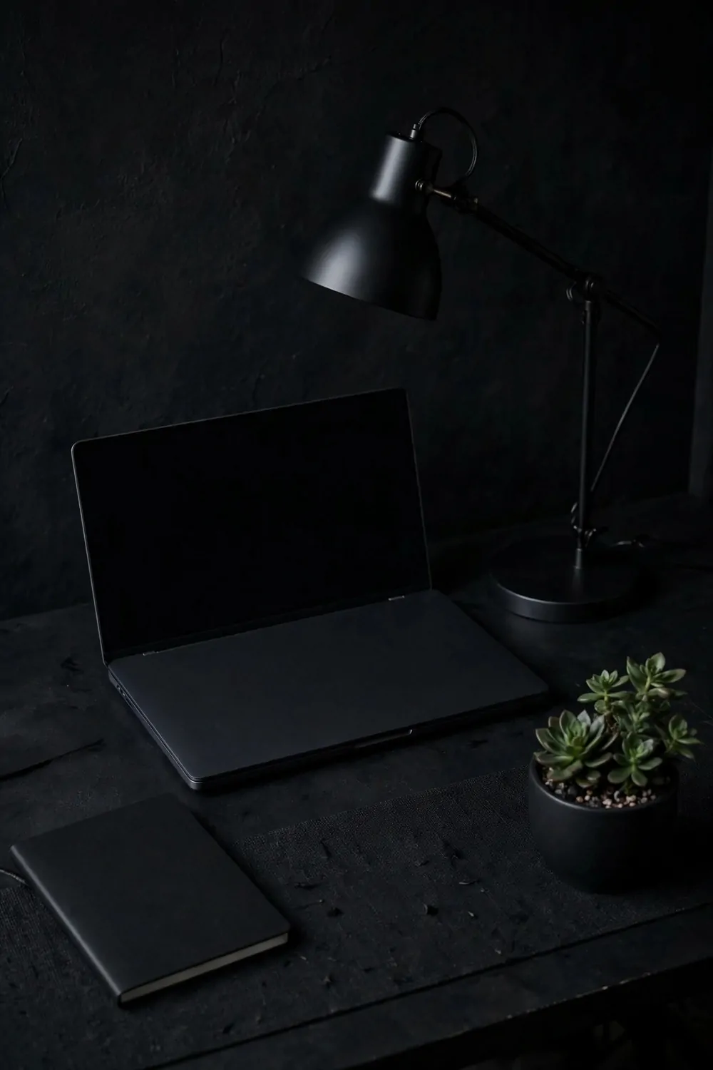 21 Moody Home Office Inspiration Looks for Dark, Rich Vibes 12 A matte black laptop with a blank black screen on a matte black desk beside a matte black adjustable desk lamp, a closed plain black notebook in the foreground, and a small potted succulent in a black pot, against a dark textured black wall, with a dark desk mat under the laptop.