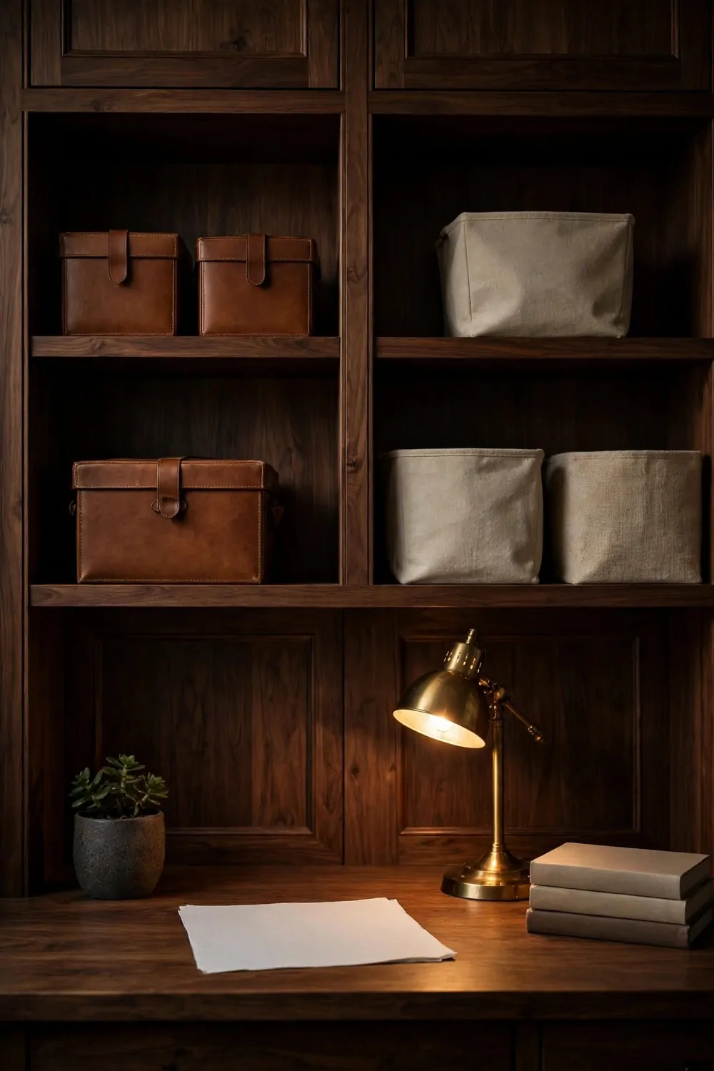 21 Moody Home Office Inspiration Looks for Dark, Rich Vibes 13 Dark walnut wood storage wall with open shelves holding three cognac tan leather boxes with straps on the left and three plain beige canvas bins on the right, above a wooden desk with a lit brass desk lamp, a small potted succulent, a blank white sheet of paper, and a stack of three plain books with no lettering.