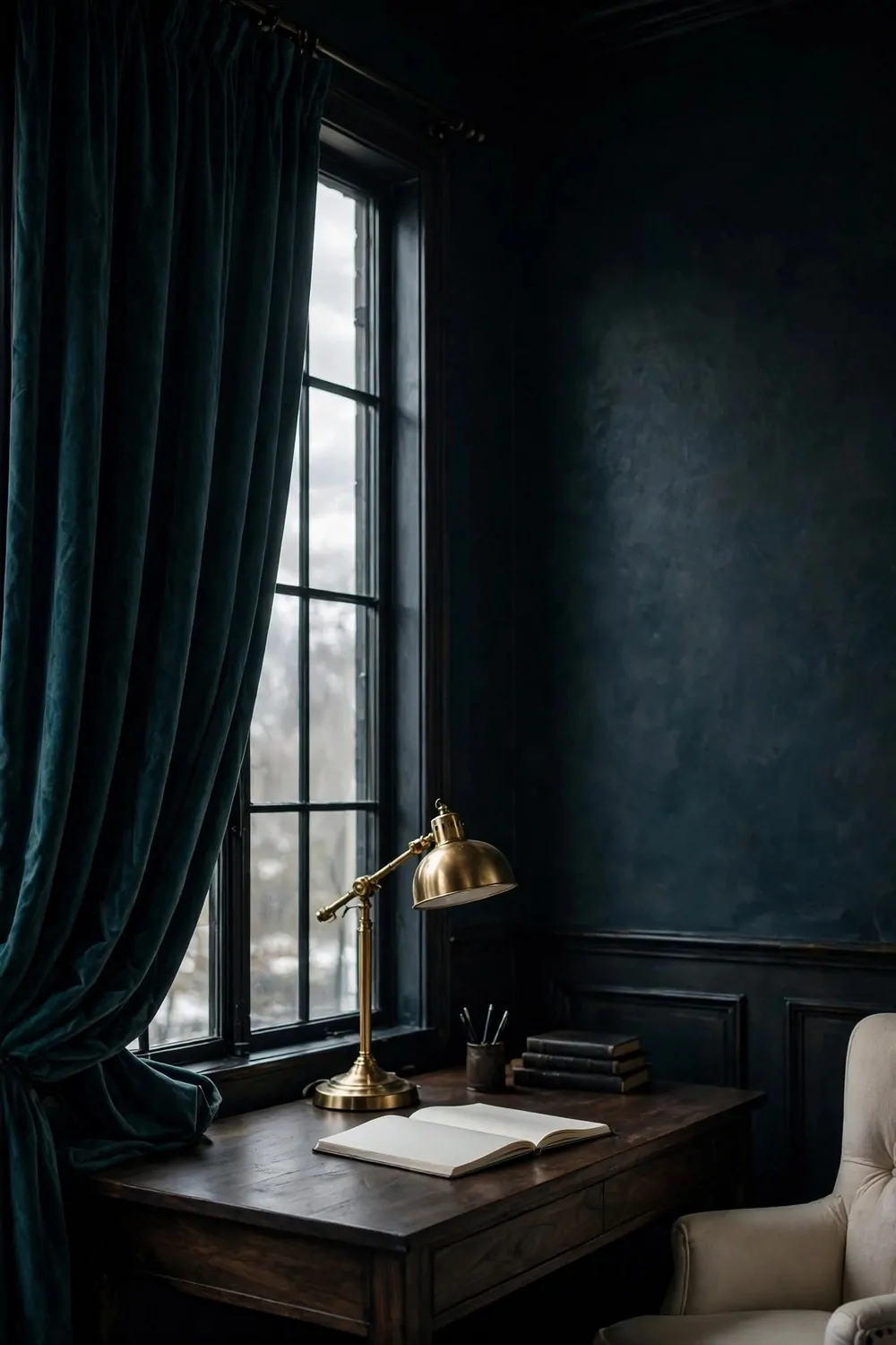 21 Moody Home Office Inspiration Looks for Dark, Rich Vibes 14 Deep teal velvet curtains tied back beside a tall black-framed window in a dark-walled home office, with a dark wood desk holding a brass lamp, an open blank notebook, a small pen holder, and a stack of dark books, and part of a cream upholstered chair visible at the lower right.