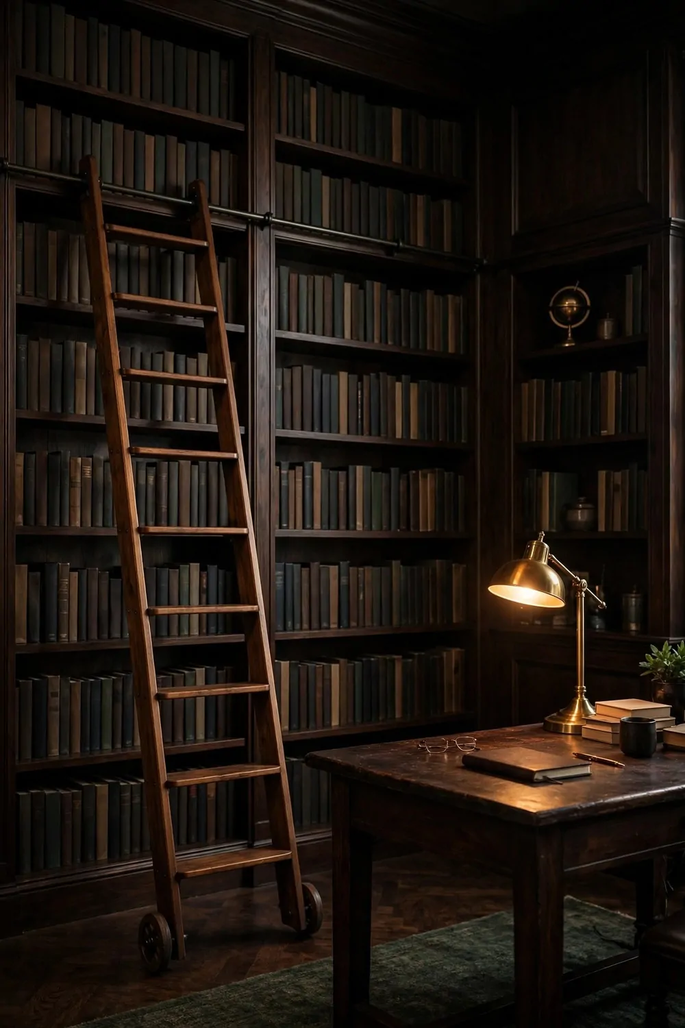 21 Moody Home Office Inspiration Looks for Dark, Rich Vibes 15 A wooden rolling library ladder on wheels leaning against tall dark bookshelves filled with rows of plain dark books, beside a dark wood desk with a lit brass lamp, a closed notebook, reading glasses, a cup, and a stack of books, with a small globe on a shelf and a green rug below.
