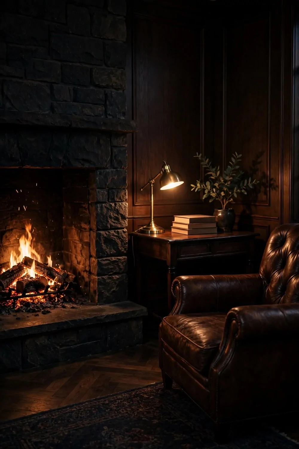 21 Moody Home Office Inspiration Looks for Dark, Rich Vibes 16 A dark stone fireplace with a glowing wood fire on the left of a moody wood-panelled home office, beside a small dark wood desk with a lit brass lamp and a stack of three plain books, and a brown tufted leather armchair in the right foreground, with a dark patterned rug on the wood floor.