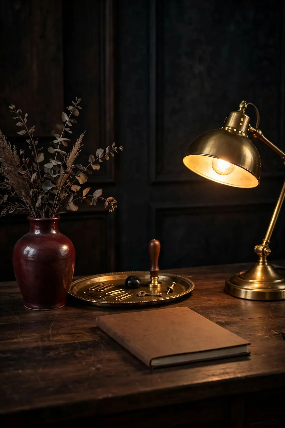 21 Moody Home Office Inspiration Looks for Dark, Rich Vibes 17 A glossy burgundy vase holding dried eucalyptus and pampas stems beside a round brass tray with gold paper clips, a small key, a wooden wax-seal stamp and a dark stone, on a dark wood desk with a closed plain brown notebook in front and a glowing brass desk lamp at right, against a dark paneled wall.