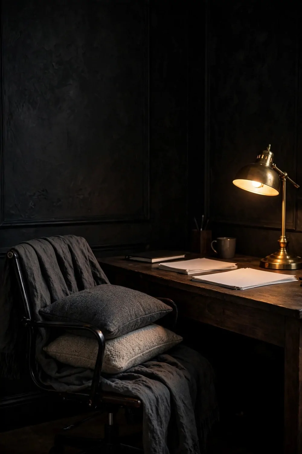 21 Moody Home Office Inspiration Looks for Dark, Rich Vibes 18 A dark desk chair draped with a charcoal linen throw and layered with a dark gray wool cushion and a light beige cushion, beside a dark wood desk holding two stacks of blank white papers, a closed dark notebook, a gray mug and a glowing brass desk lamp, against dark paneled walls.