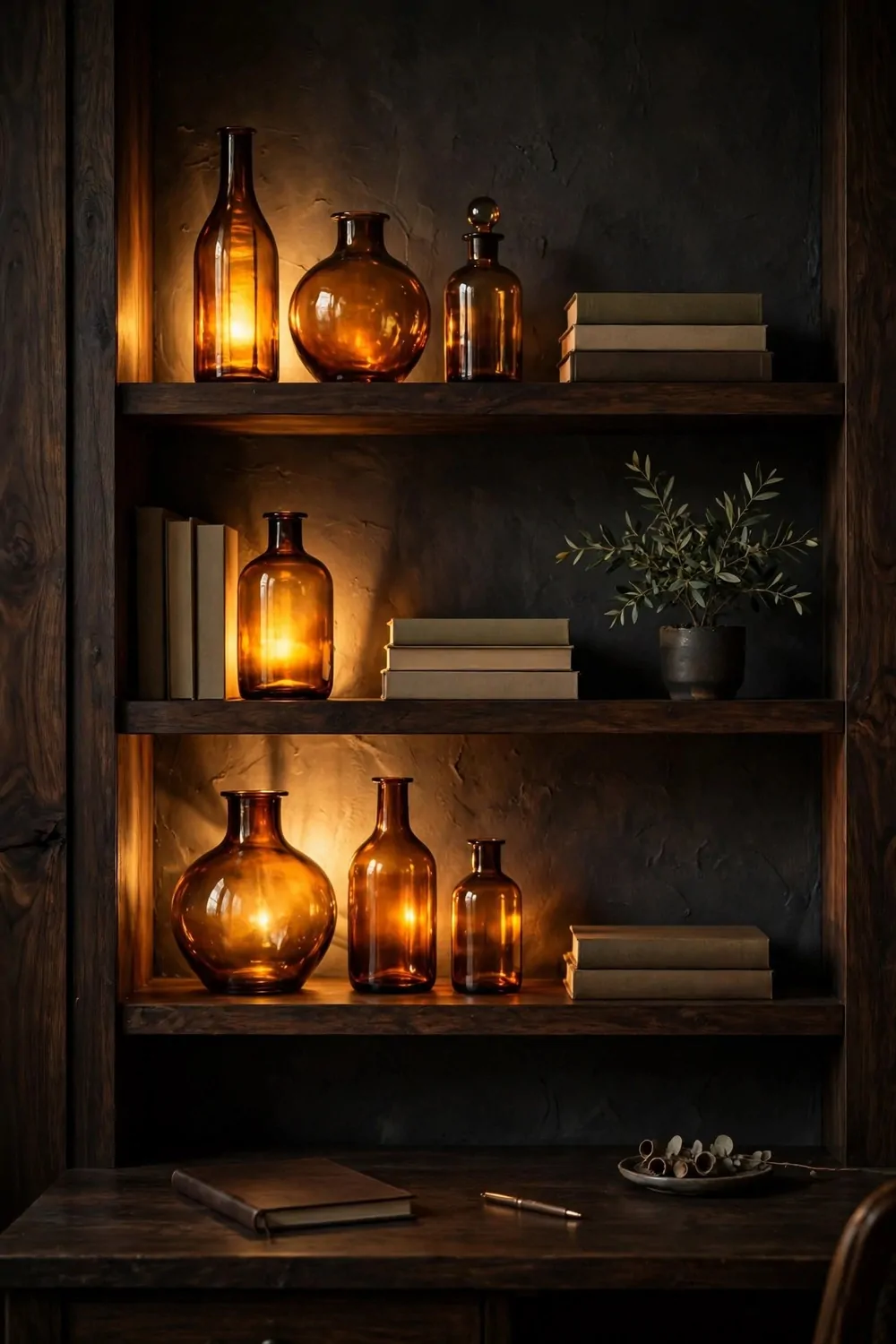 21 Moody Home Office Inspiration Looks for Dark, Rich Vibes 19 Three dark wood shelves filled with amber glass vases and bottles glowing with warm light, stacks of plain unmarked books, and a small potted green plant on the middle shelf, above a dark wood desk surface with a closed book, a pen and a small dish.