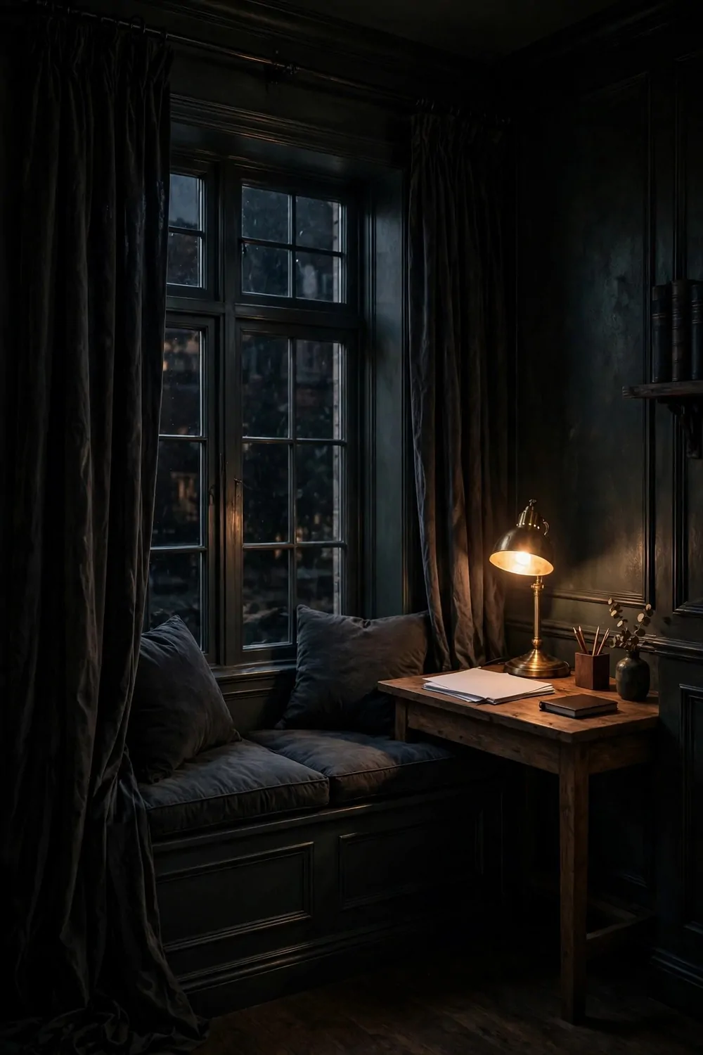 21 Moody Home Office Inspiration Looks for Dark, Rich Vibes 20 A moody window nook with heavy dark drapes on both sides of a tall multi-pane window, a built-in window seat with dark gray cushions and two dark pillows, and a small wood desk beside it holding a glowing brass lamp, a stack of blank white papers, a small dark notebook, a pencil holder and a small vase, against dark paneled walls.