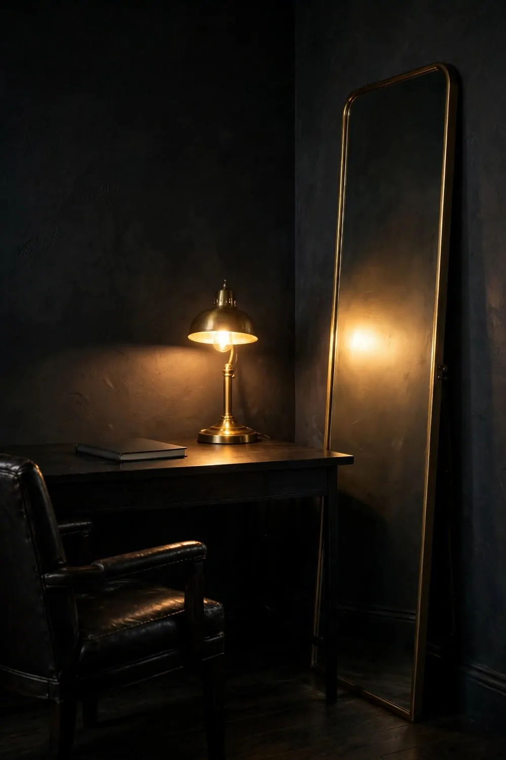 21 Moody Home Office Inspiration Looks for Dark, Rich Vibes 21 A dark home office with charcoal walls and a dark desk holding a closed dark notebook and a single glowing brass lamp casting a pool of warm light, a tall gold-framed floor mirror at right reflecting only the lamp glow, and a black leather chair partly visible at the left edge.