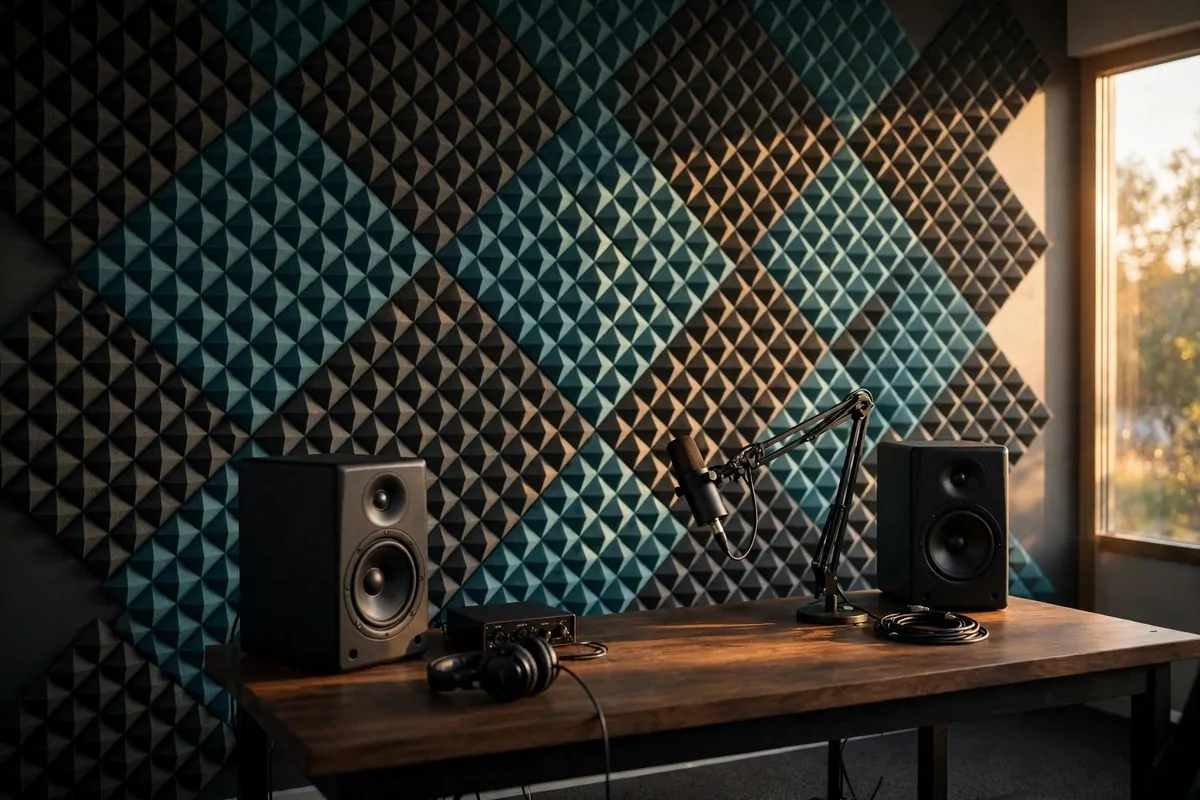Geometric acoustic panel wall in a home music studio, a popular Music Studio Inspiration trend