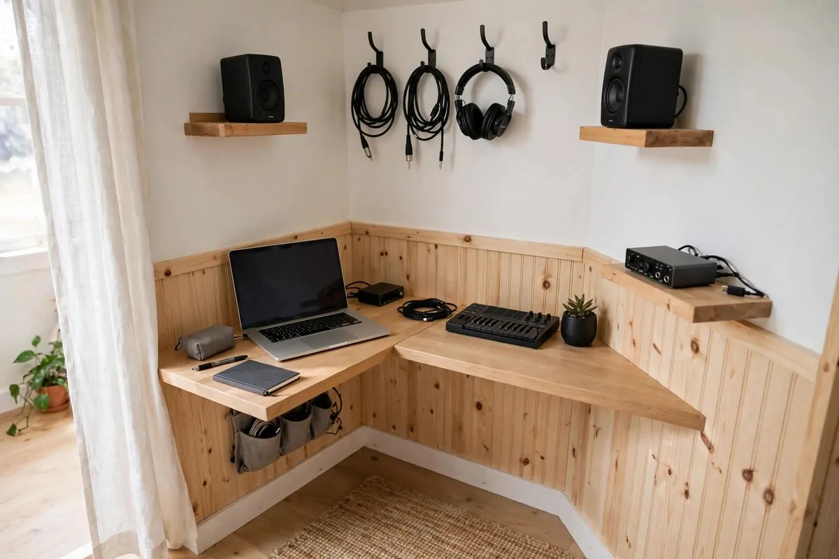 Small corner desk music studio setup with wall mounted speakers, clever Music Studio Inspiration for tiny rooms