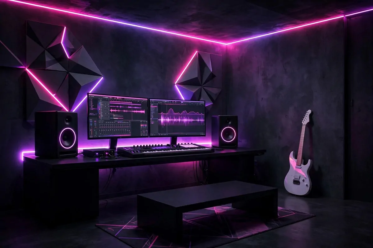 Neon LED lit home music studio with pink and purple glow, bold Music Studio Inspiration