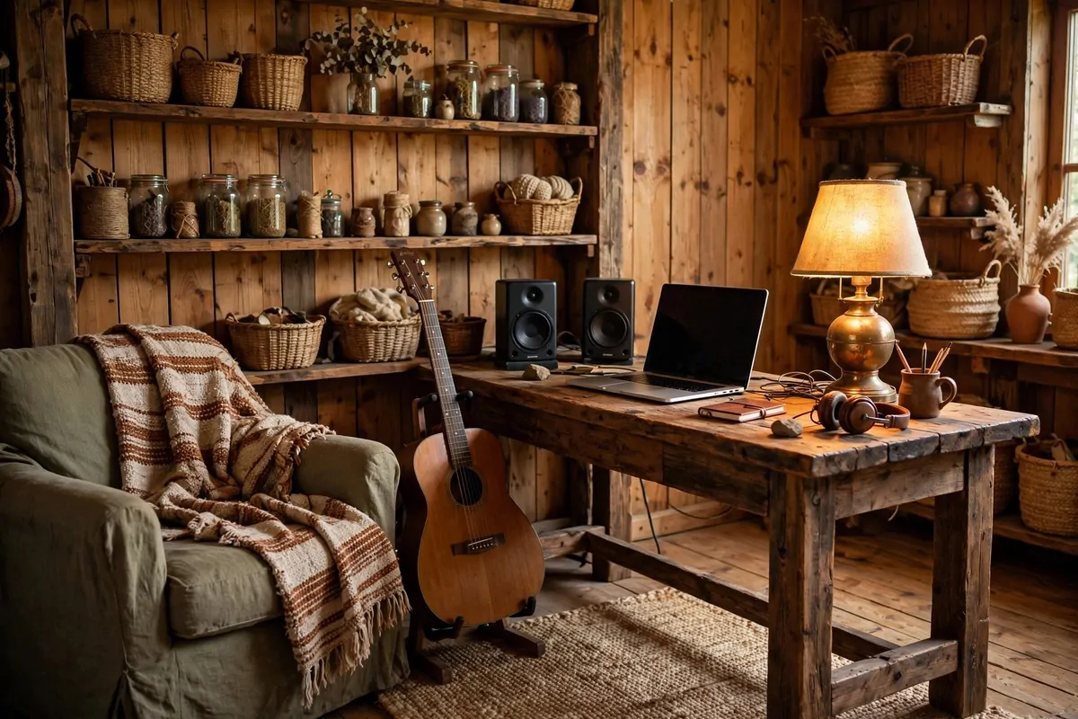 Rustic wood toned home music studio with vintage lamp, warm Music Studio Inspiration