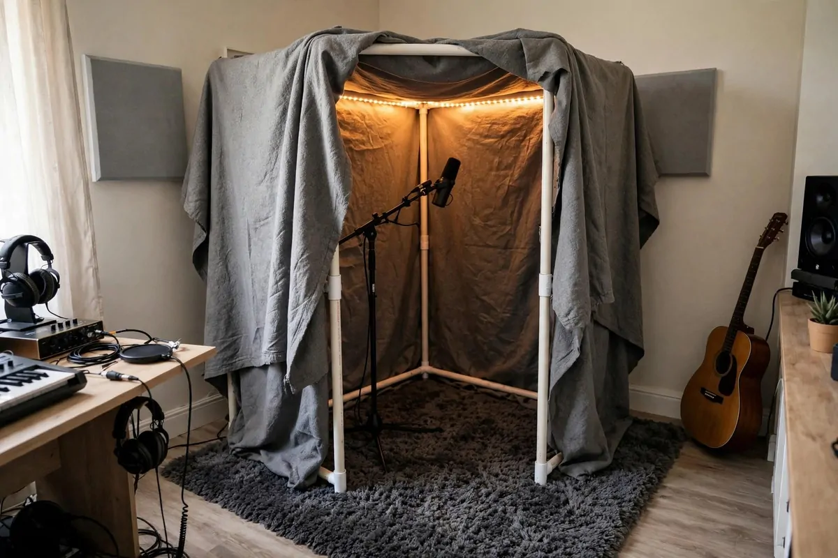 DIY vocal booth corner with blankets and mic stand, practical Music Studio Inspiration