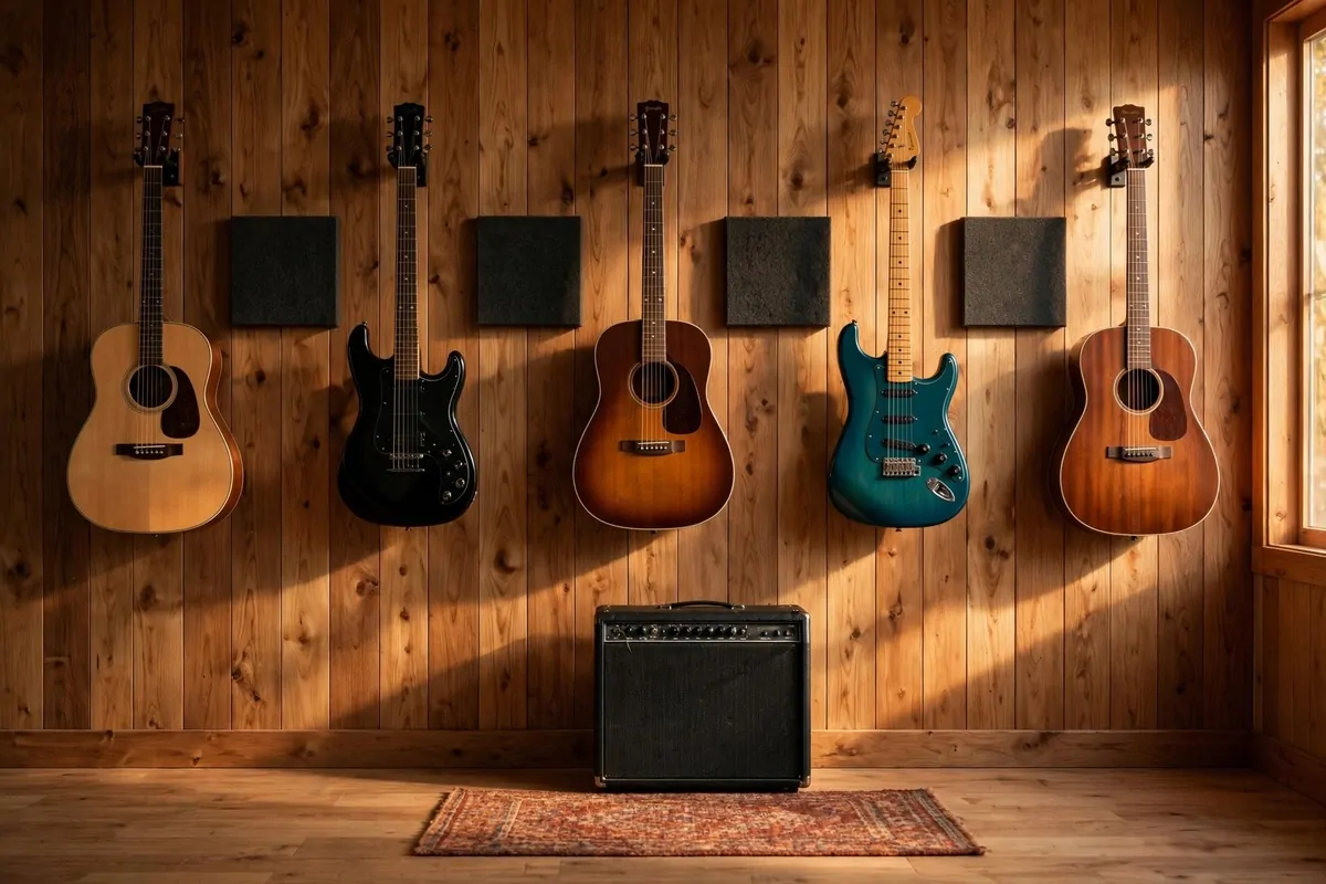 Home music studio with guitars displayed on the wall, creative Music Studio Inspiration