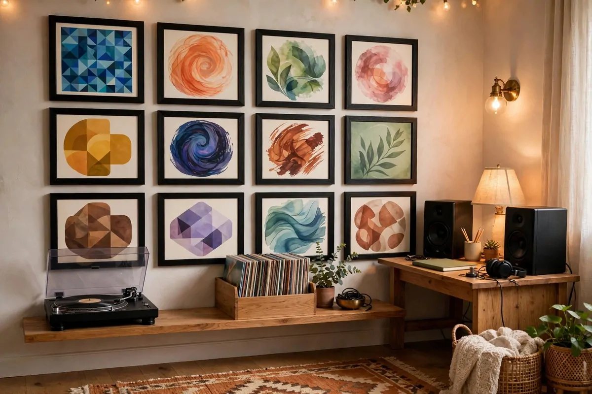 Home music studio with vinyl records displayed on the wall, stylish Music Studio Inspiration