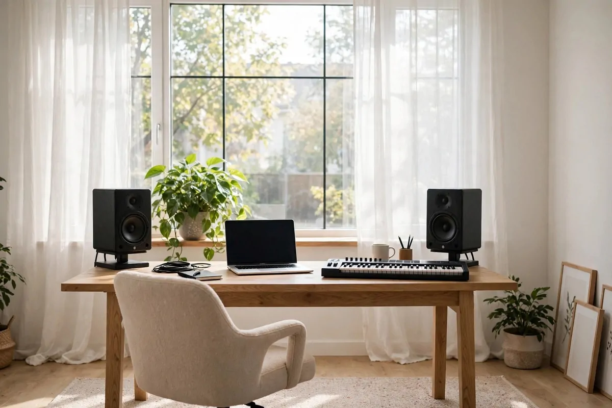 Home music studio desk facing a bright window with natural light, airy Music Studio Inspiration