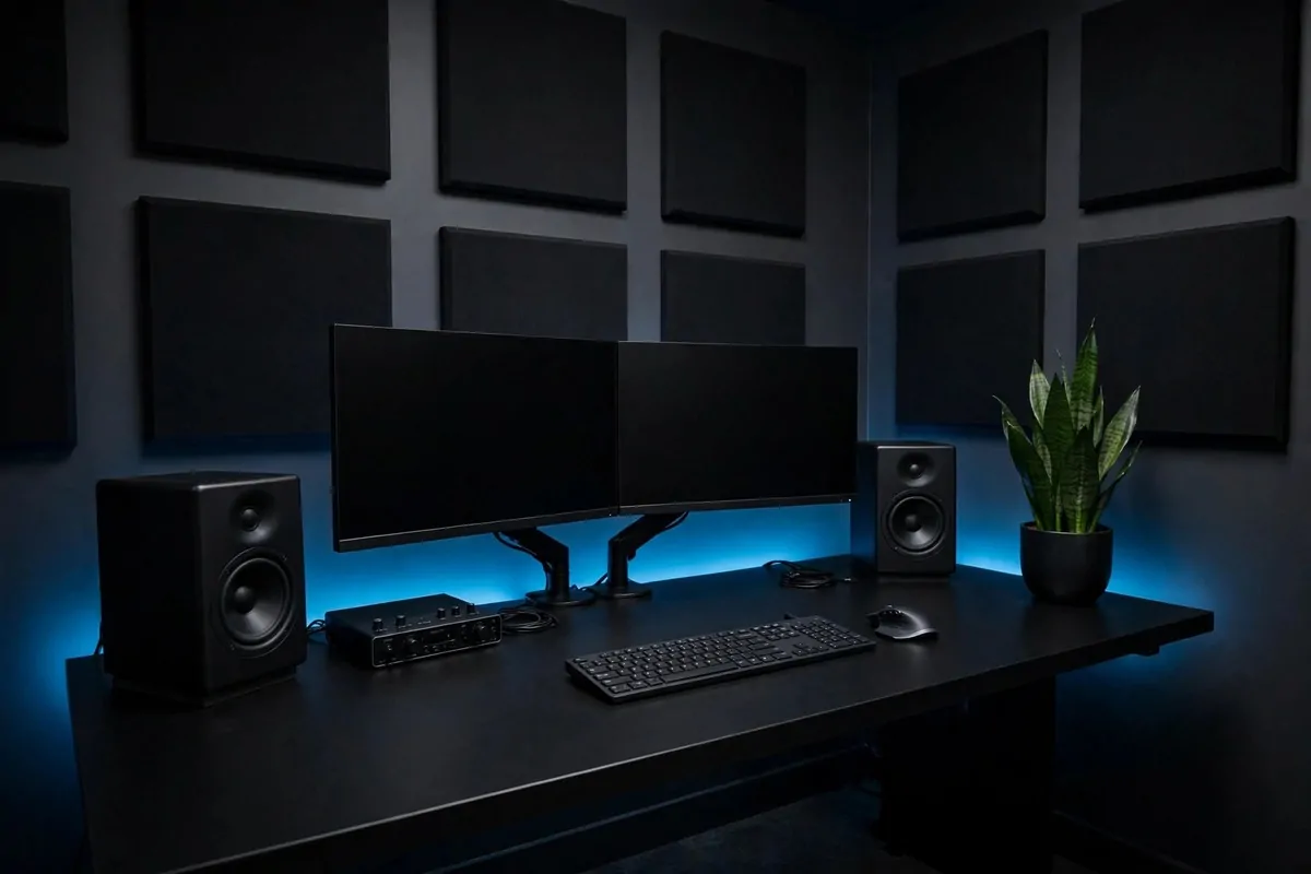 Sleek all black home music studio with LED backlighting, modern Music Studio Inspiration