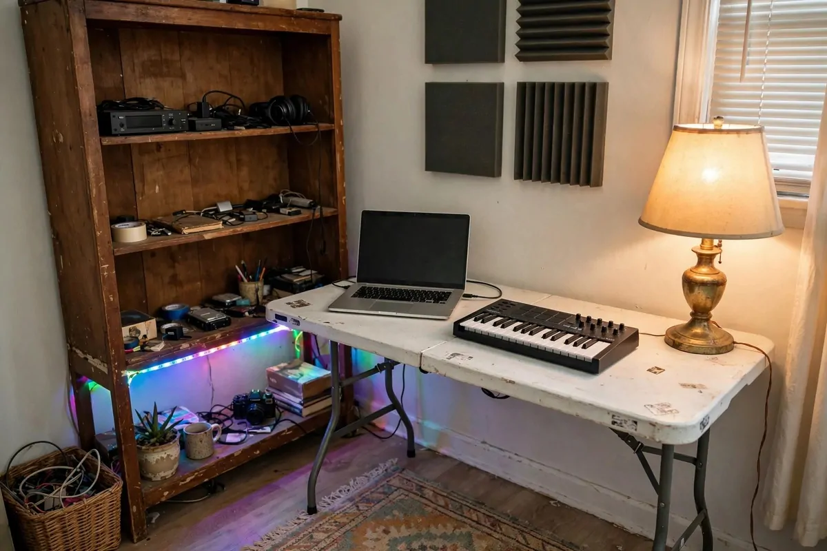 Budget thrifted home music studio setup with folding table, affordable Music Studio Inspiration