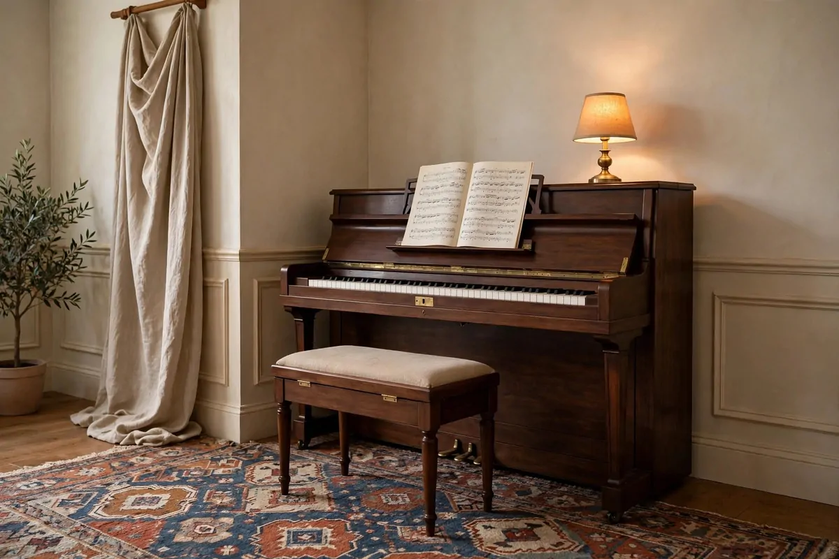 Home music studio with upright piano in the corner, elegant Music Studio Inspiration