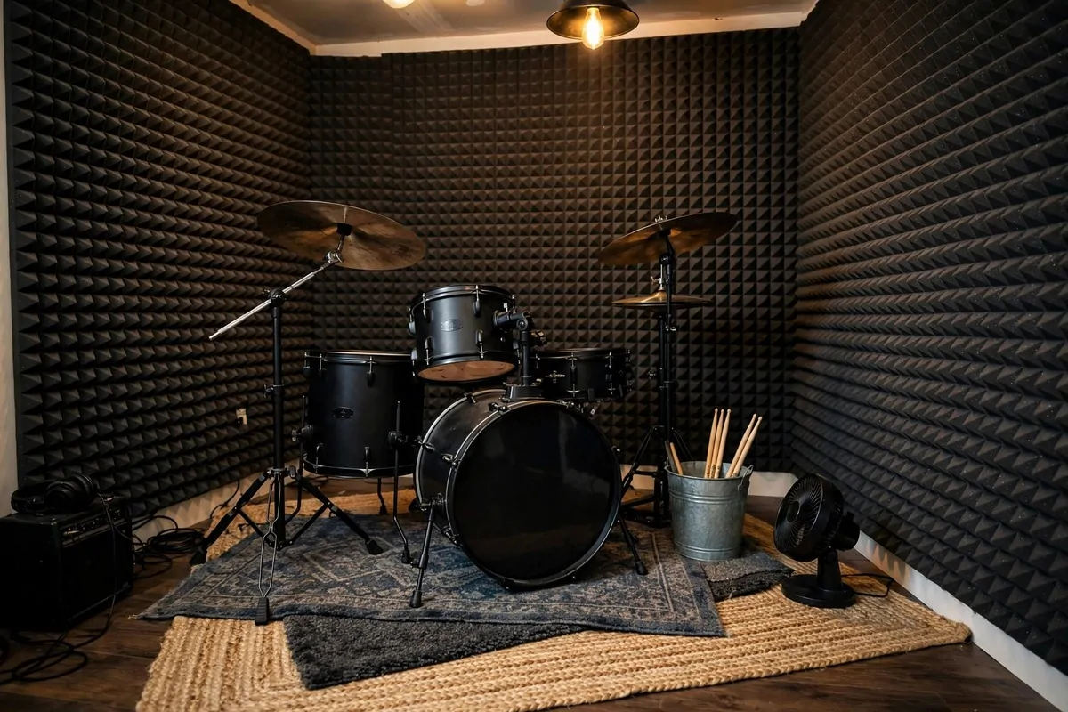 Home music studio drum corner setup with rugs and panels, practical Music Studio Inspiration