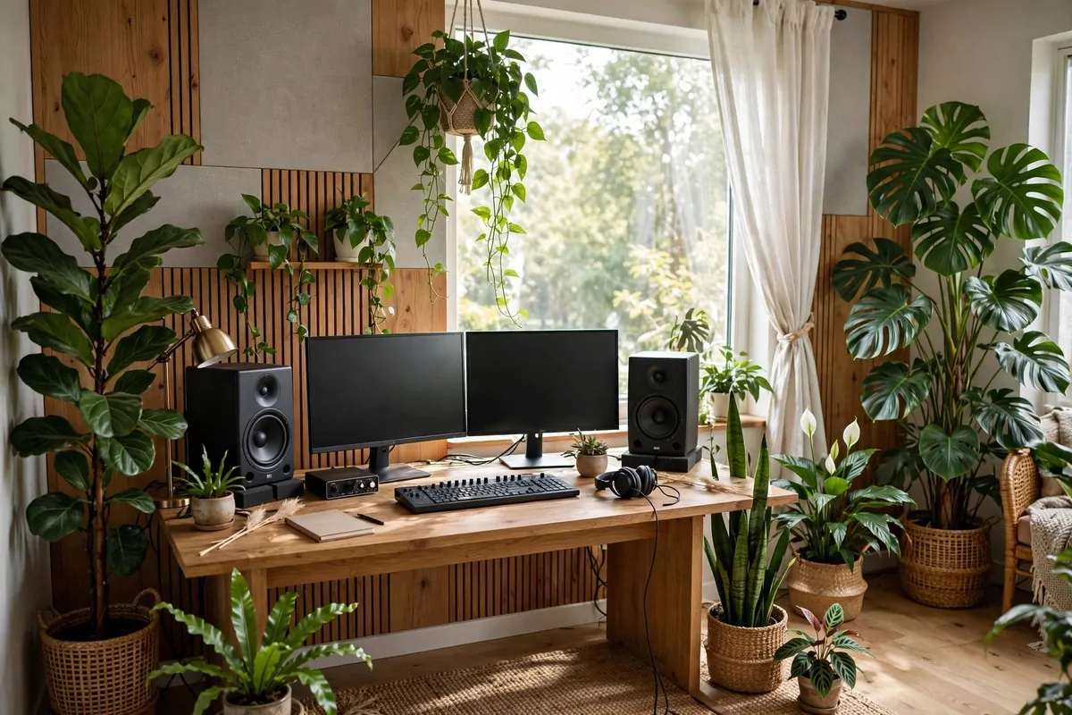 Home music studio filled with leafy indoor plants, fresh Music Studio Inspiration