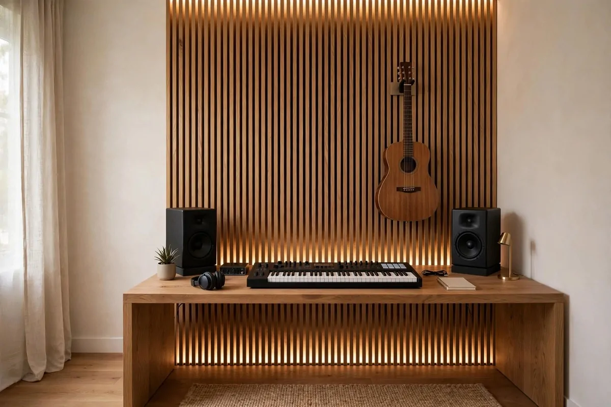 Home music studio with vertical wood slat wall panels, textured Music Studio Inspiration