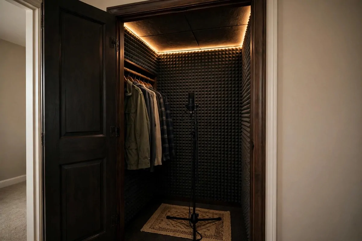 Small closet converted into a vocal booth studio, clever Music Studio Inspiration