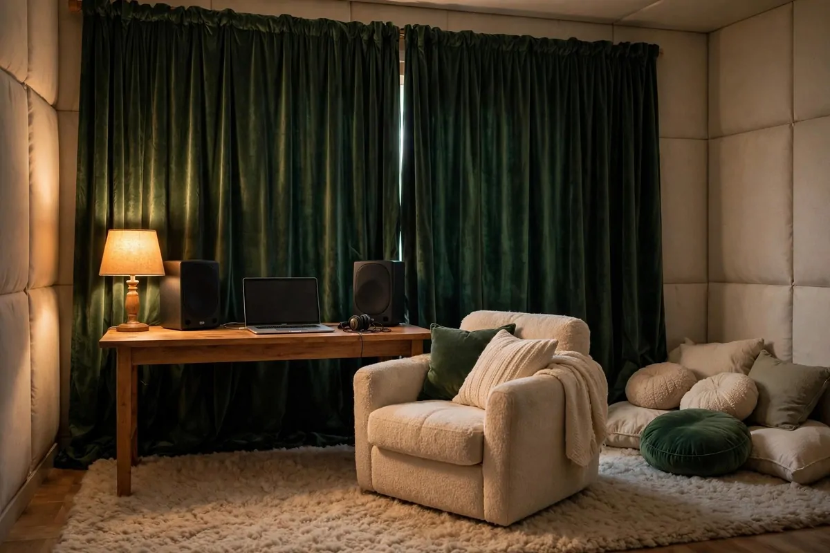 Home music studio with heavy velvet curtains and thick rug, cosy Music Studio Inspiration