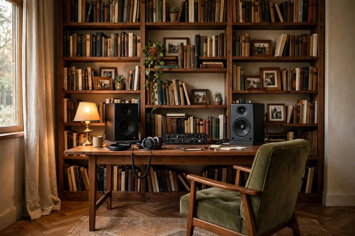 Home music studio with floor to ceiling bookshelf full of books, smart Music Studio Inspiration